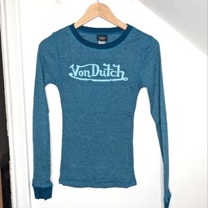 VON DUTCH Retro Blue Long Sleeve Ribbed Fitted Women's Thermal Top NEW Size M